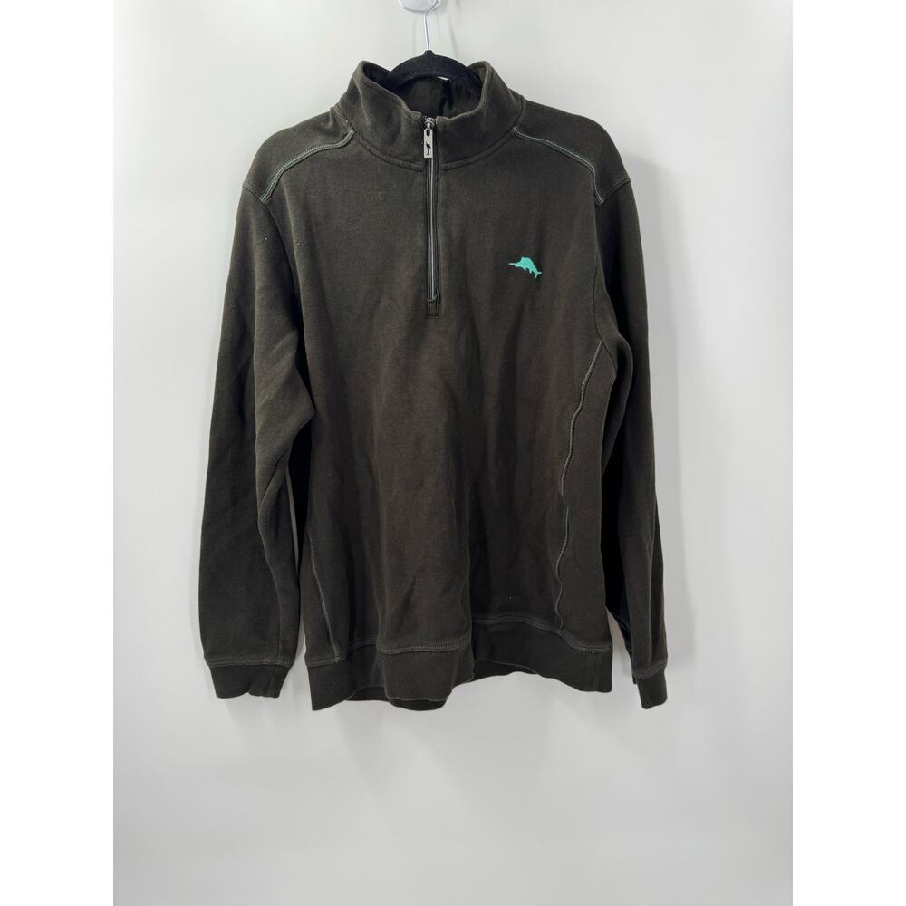 Tommy Bahama Men's Large Brown 1/4 Zip Pullover Long Sleeve Shirt Teal Logo‎